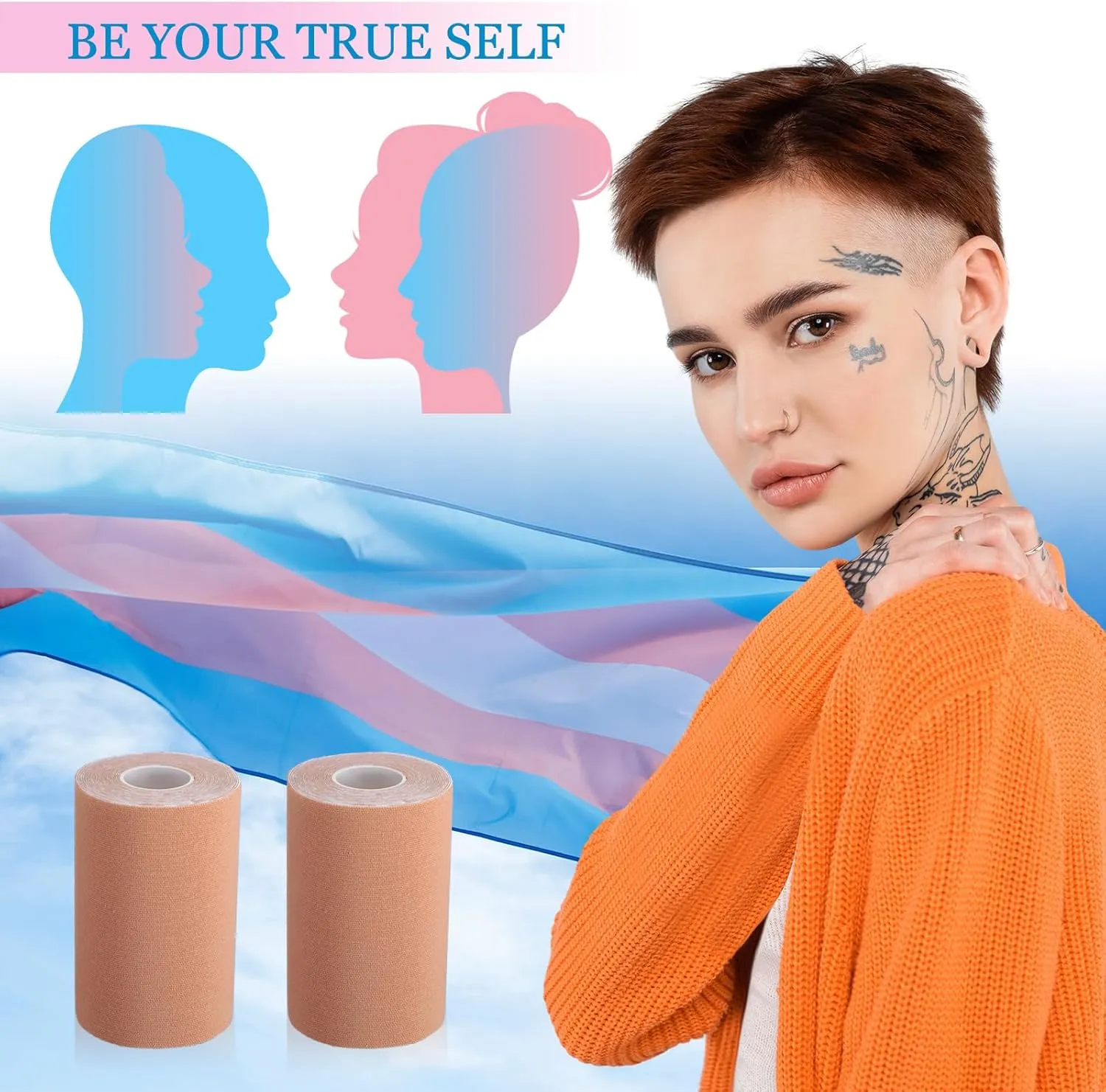 2 Rolls Trans FTM Binder Tape for Chest Binding Adhesive Trans Chest Tape Flat Invisible Tape for Breast Lift Boob Body Shaping, 4 Inch x 13 ft Each