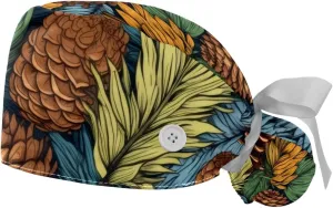 Autumn Scenery Pattern Working Cap with Button Long Hair Adjustable Working Hat Ponytail Holder 2 Pcs Tie Back Hats