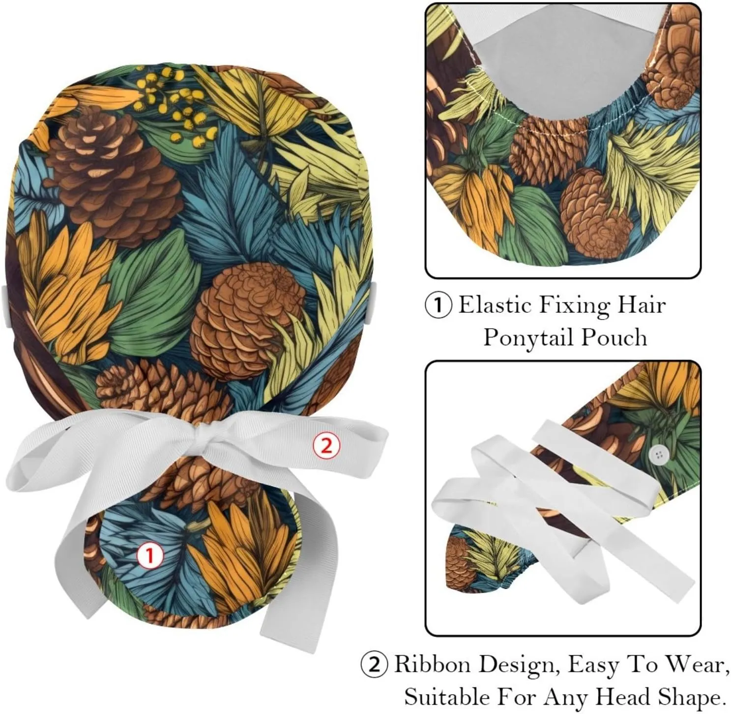 Autumn Scenery Pattern Working Cap with Button Long Hair Adjustable Working Hat Ponytail Holder 2 Pcs Tie Back Hats