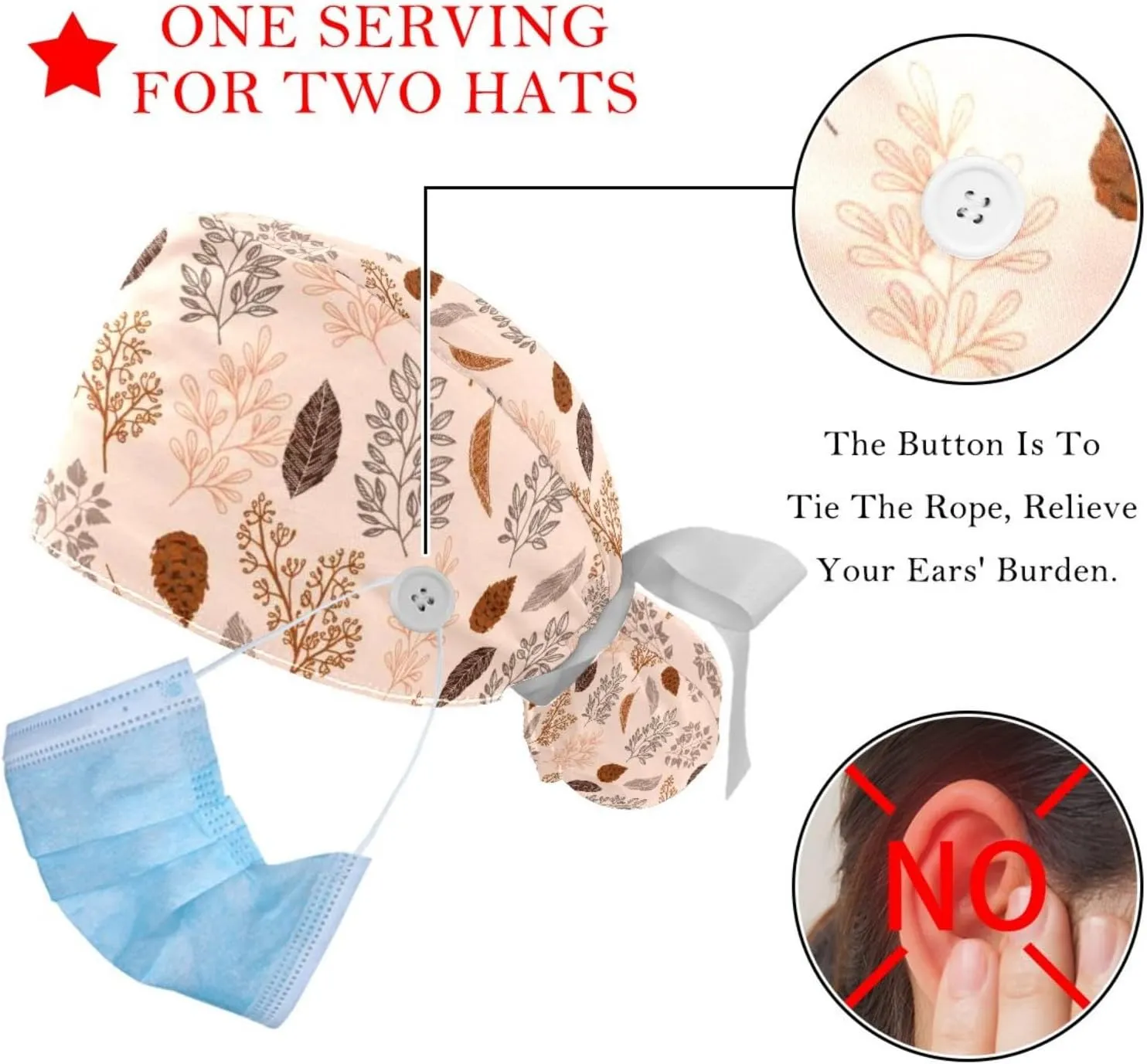Autumn Scenery Pattern Working Cap with Button Long Hair Adjustable Working Hat Ponytail Holder 2 Pcs Tie Back Hats
