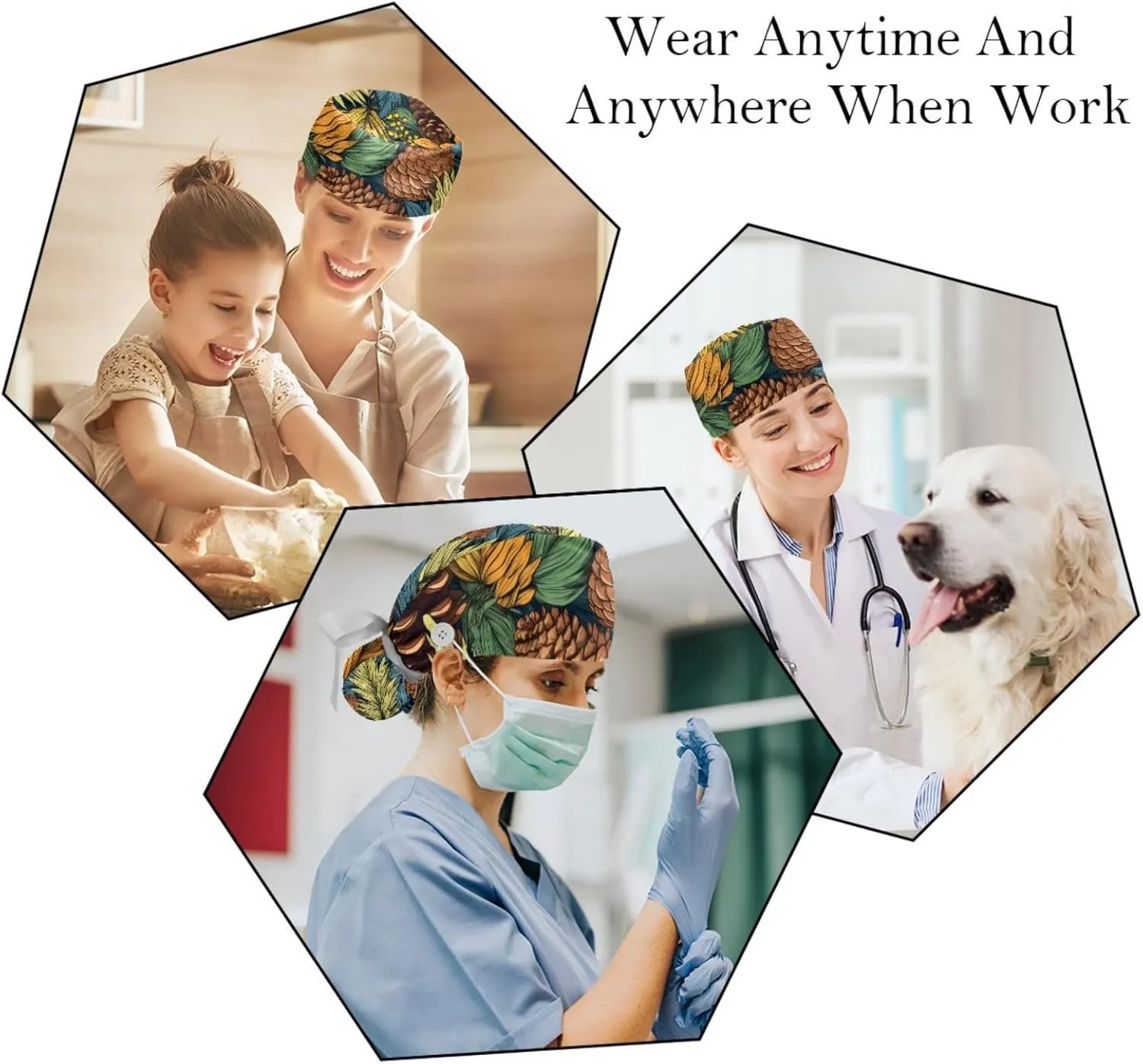 Autumn Scenery Pattern Working Cap with Button Long Hair Adjustable Working Hat Ponytail Holder 2 Pcs Tie Back Hats