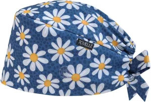 Blue Daisy Double-Sided Printed Scrub Caps for Women with Buttons, Adjustable Static-Resistant Medical Hats, Stylish and Breathable Surgical Caps with Sweatband for Long Hours