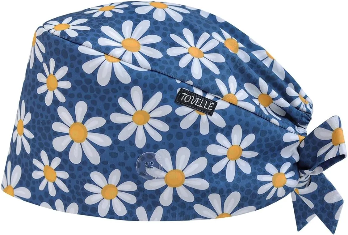 Blue Daisy Double-Sided Printed Scrub Caps for Women with Buttons, Adjustable Static-Resistant Medical Hats, Stylish and Breathable Surgical Caps with Sweatband for Long Hours
