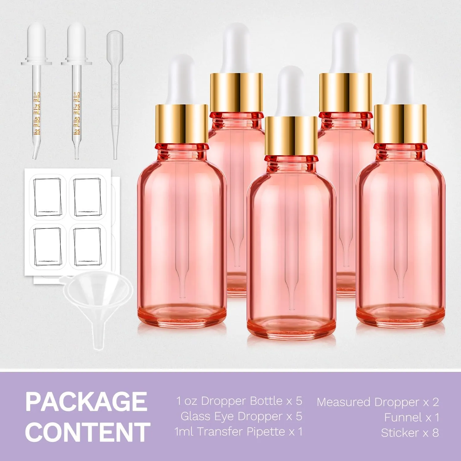 Bumobum 5-Pack Glass Eye Dropper Bottles with Golden Lid - 30ml, Leakproof, Includes 2 Measured Droppers, 1 Funnel, 1 Pipette, 8 Labels