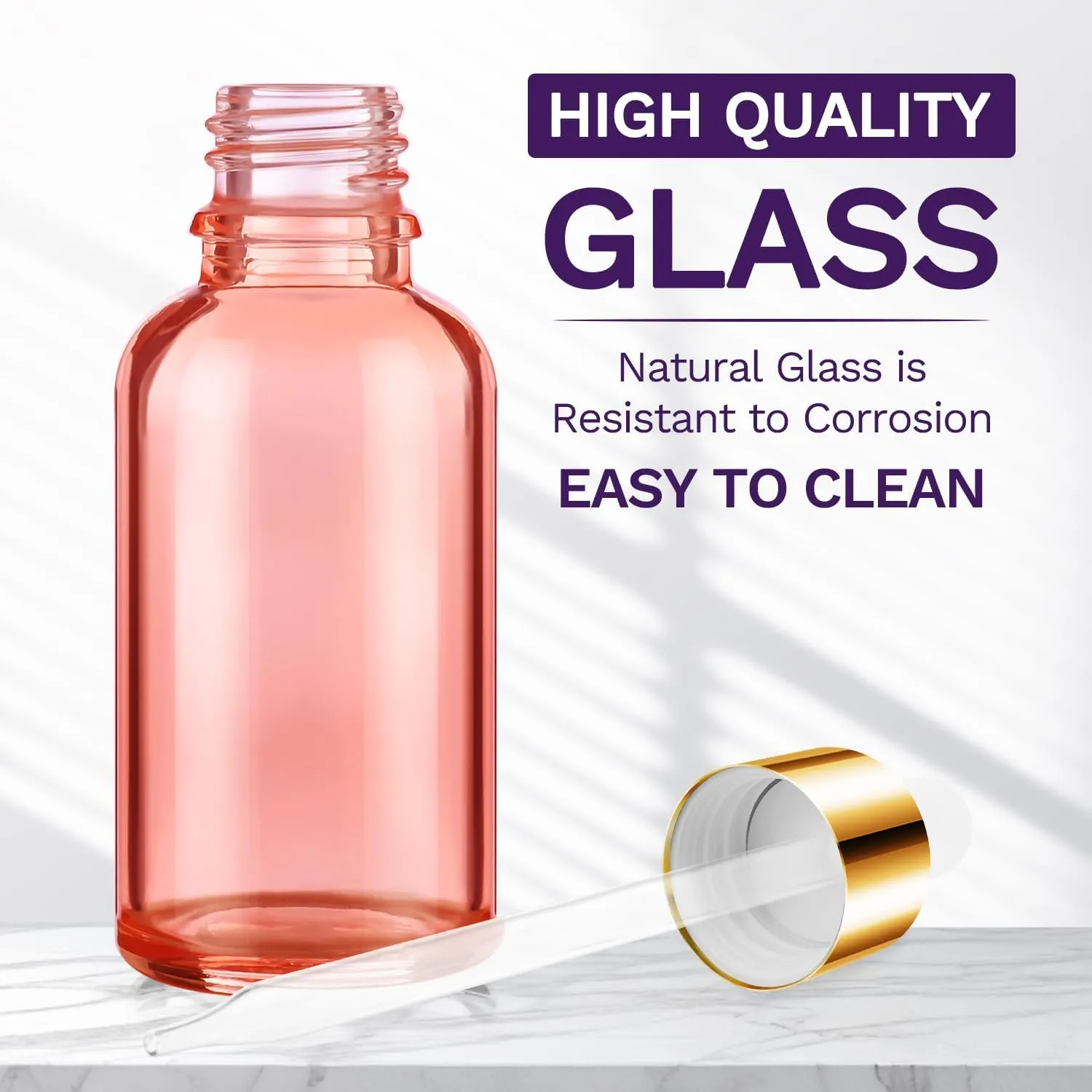 Bumobum 5-Pack Glass Eye Dropper Bottles with Golden Lid - 30ml, Leakproof, Includes 2 Measured Droppers, 1 Funnel, 1 Pipette, 8 Labels
