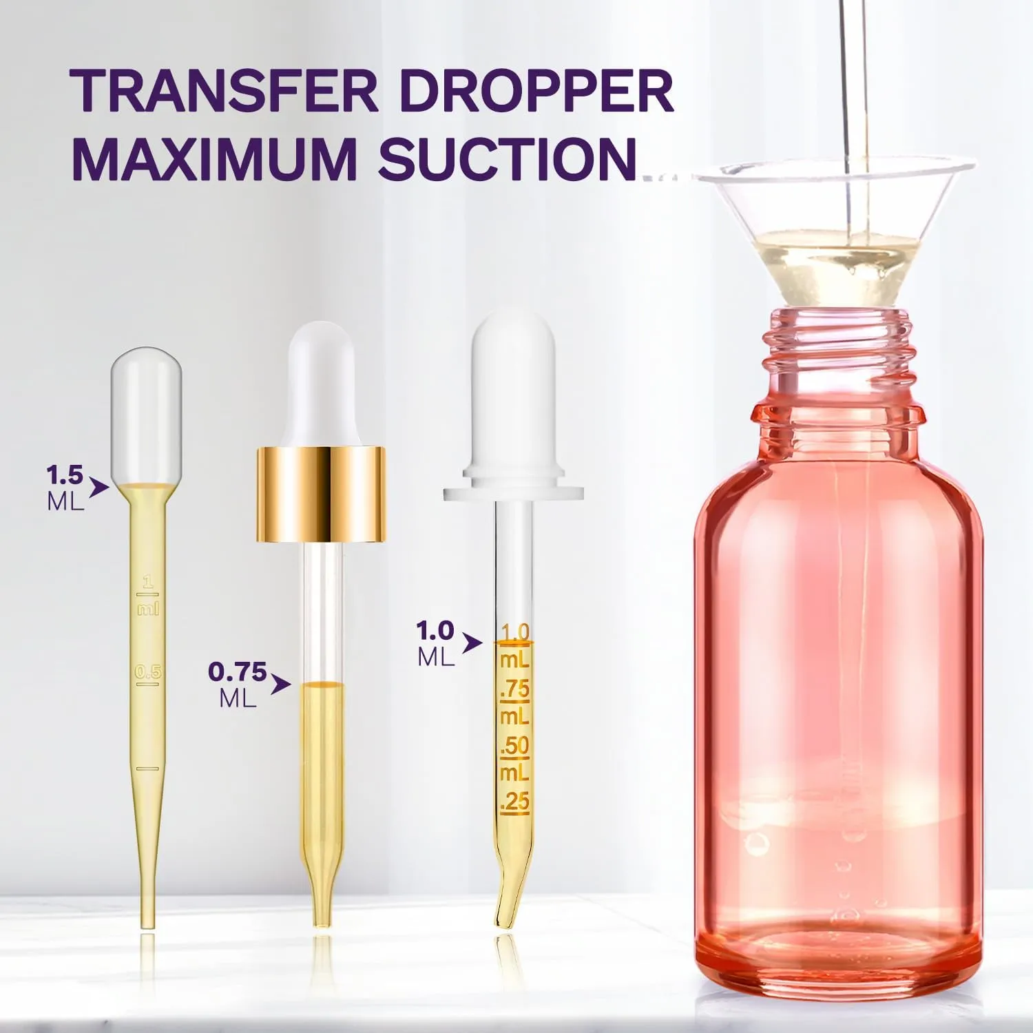 Bumobum 5-Pack Glass Eye Dropper Bottles with Golden Lid - 30ml, Leakproof, Includes 2 Measured Droppers, 1 Funnel, 1 Pipette, 8 Labels