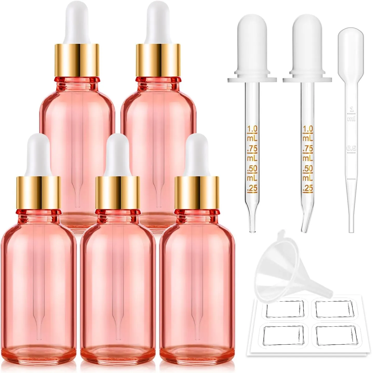 Bumobum 5-Pack Glass Eye Dropper Bottles with Golden Lid - 30ml, Leakproof, Includes 2 Measured Droppers, 1 Funnel, 1 Pipette, 8 Labels