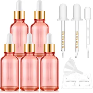 Bumobum 5-Pack Glass Eye Dropper Bottles with Golden Lid - 30ml, Leakproof, Includes 2 Measured Droppers, 1 Funnel, 1 Pipette, 8 Labels