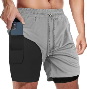 candyfouse Men's 2 in 1 Running Shorts, Quick Dry Workout Shorts with Liner, Athletic Shorts with Zip Pockets and Towel Loop