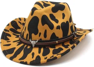 DHAEY Autumn and Winter Jazz Big Brim Hat, Retro Curly Brim Woolen Felt Hat, British Versatile Fashion Cow Print Top Hat Luopan Caps & Hats (Color : Khaki, Size : 56-58cm)
