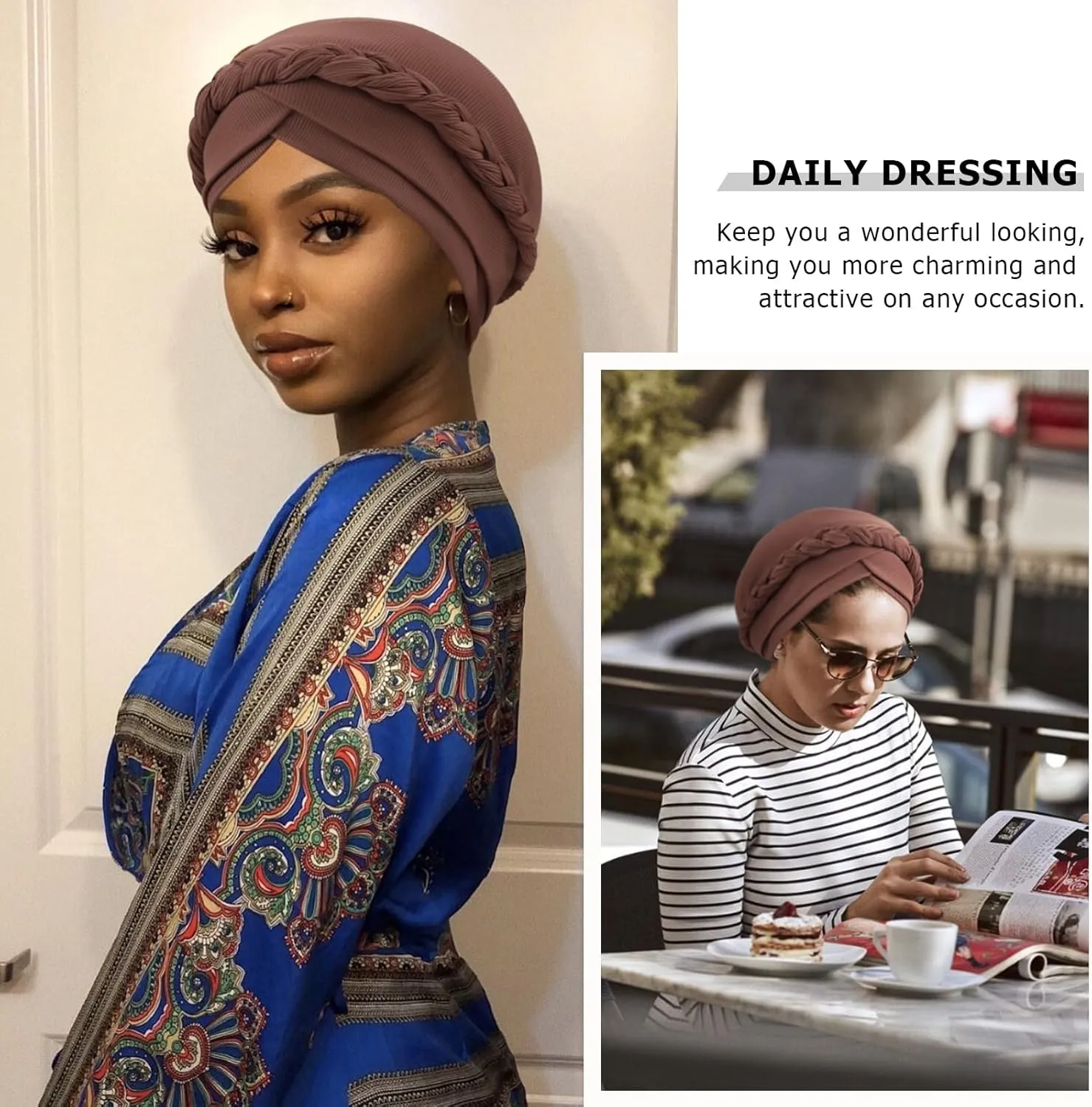 DRESHOW African Women Turban Caps Beanie Twist Headscarf Pre-Tied Double Twisted Braid Hair Cover Wrap Hat Chemo Cancer Cap