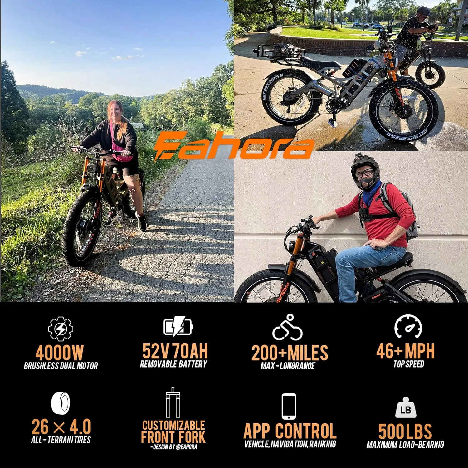 eAhora Romeo Pro 2 [2025 Version] Electric Bike for Adults, 4000W 46MPH Dual Motor Electric Bike,52V 60Ah 200  Miles Long Range Ebike,26*4.0'' Fat Tire Electric Mountain Bike, Full Suspension& UL2849