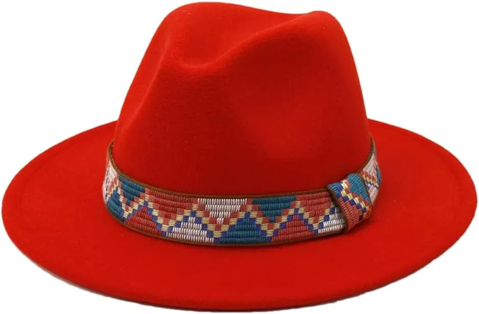 Fedora Hats Band Wide Brim Women Men Felted Jazz Cap Party Wedding Church Dress Hat Orange-red 59to61cm