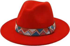 Fedora Hats Band Wide Brim Women Men Felted Jazz Cap Party Wedding Church Dress Hat Orange-red 59to61cm