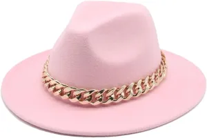 Fedora Hats Women Men Wide Brim Thick Gold Chain Band Felted Hat Jazz Cap Panama Hat pnnrk 56-58cm(Adults)