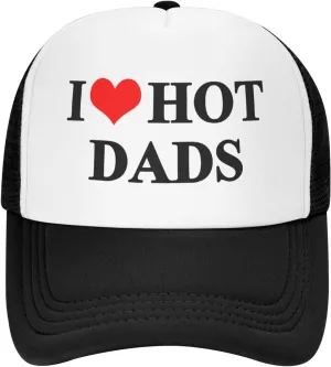 I Love Heart Hot Dads Hat Unisex Adult Trucker Hats Adjustable Cap for Adults Classic Fishing Caps Black