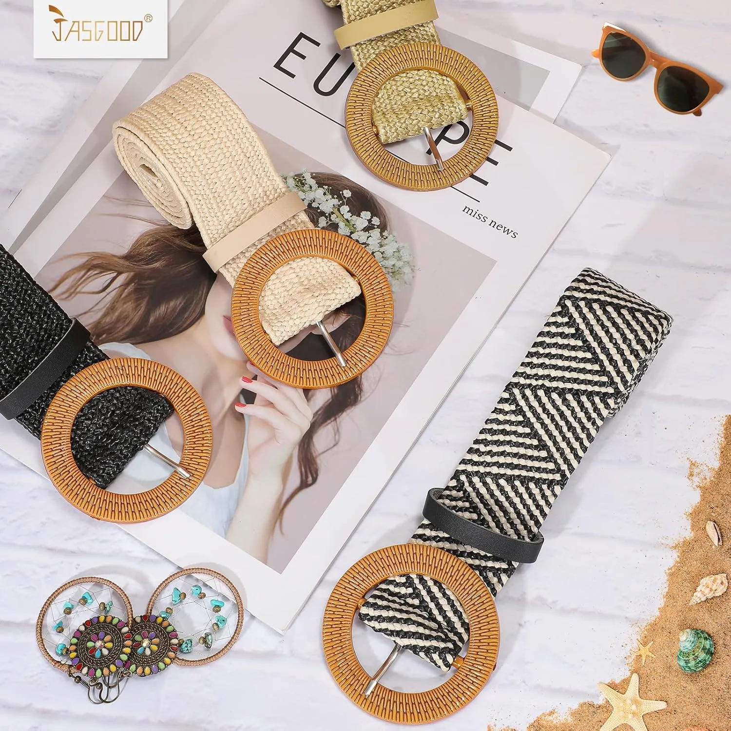 JASGOOD Straw Woven Elastic Stretch Belts Women Raffia Dress Waist Band Boho Ladies Braided Dress Belts