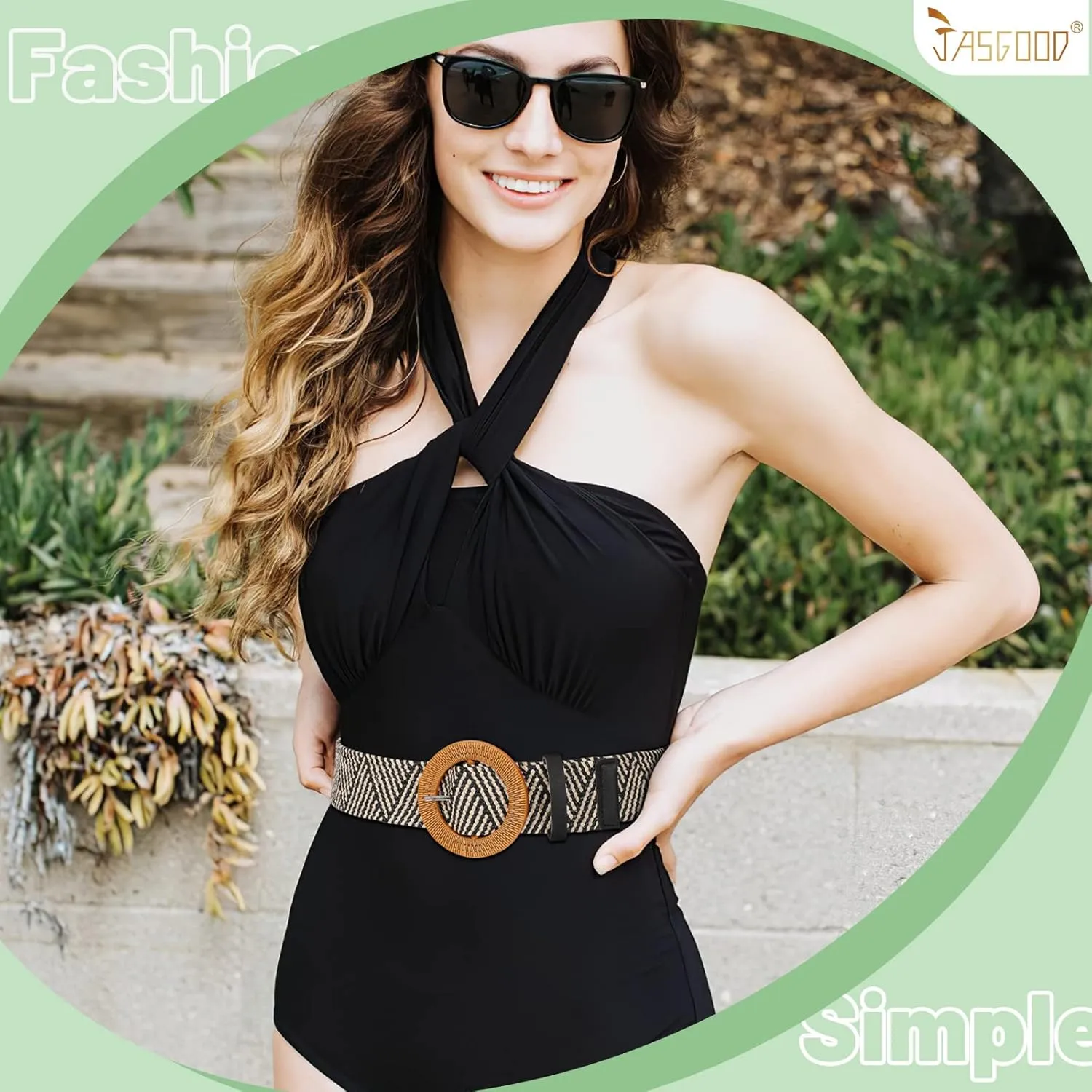 JASGOOD Straw Woven Elastic Stretch Belts Women Raffia Dress Waist Band Boho Ladies Braided Dress Belts