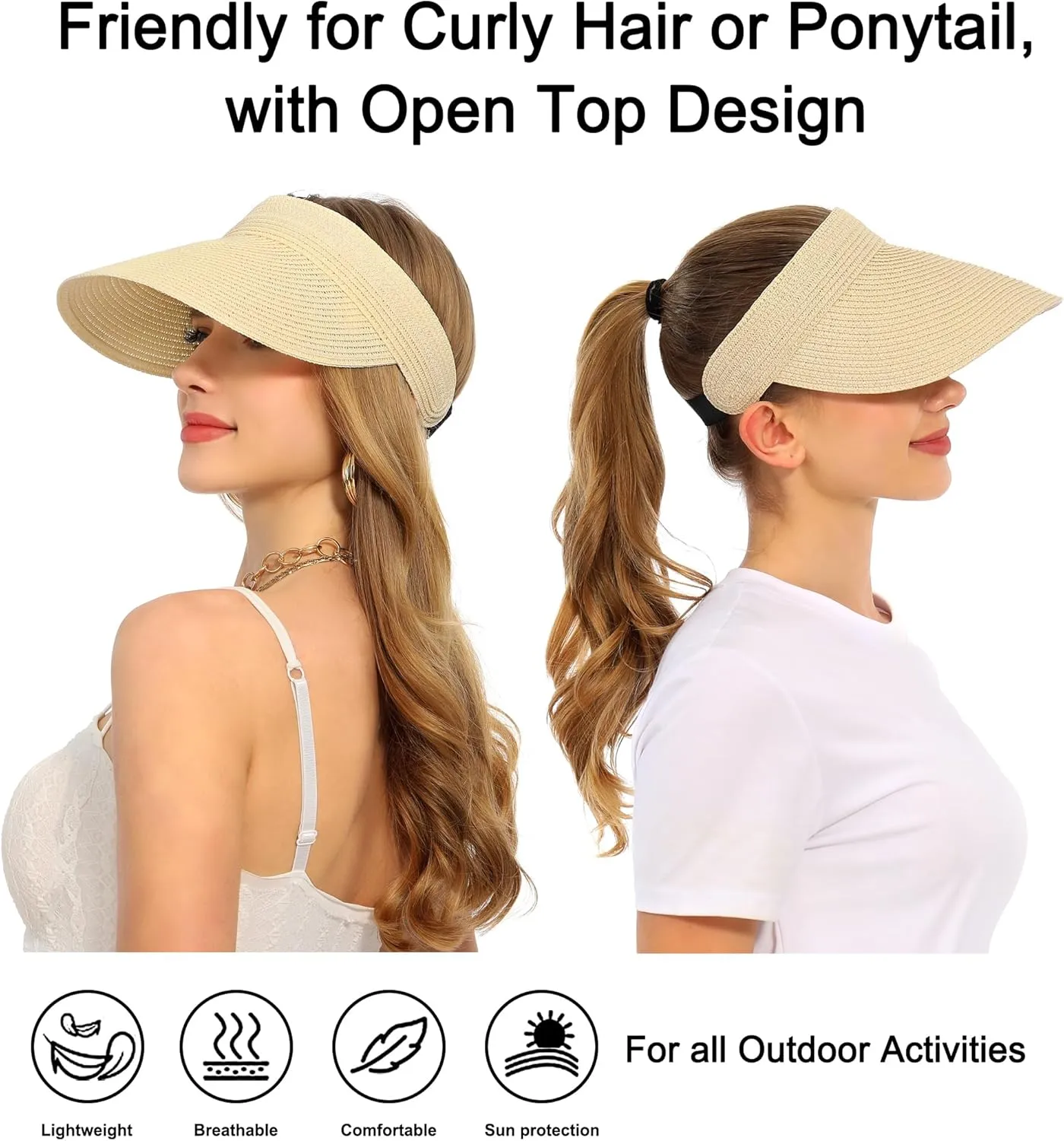 LA CARRIE Wide Brim Straw Visor for Women Sun Hat UV Protection Packable Beach Cap for Summer UPF 50 