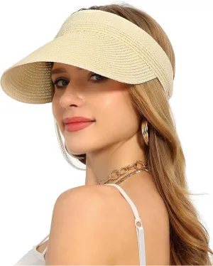 LA CARRIE Wide Brim Straw Visor for Women Sun Hat UV Protection Packable Beach Cap for Summer UPF 50 