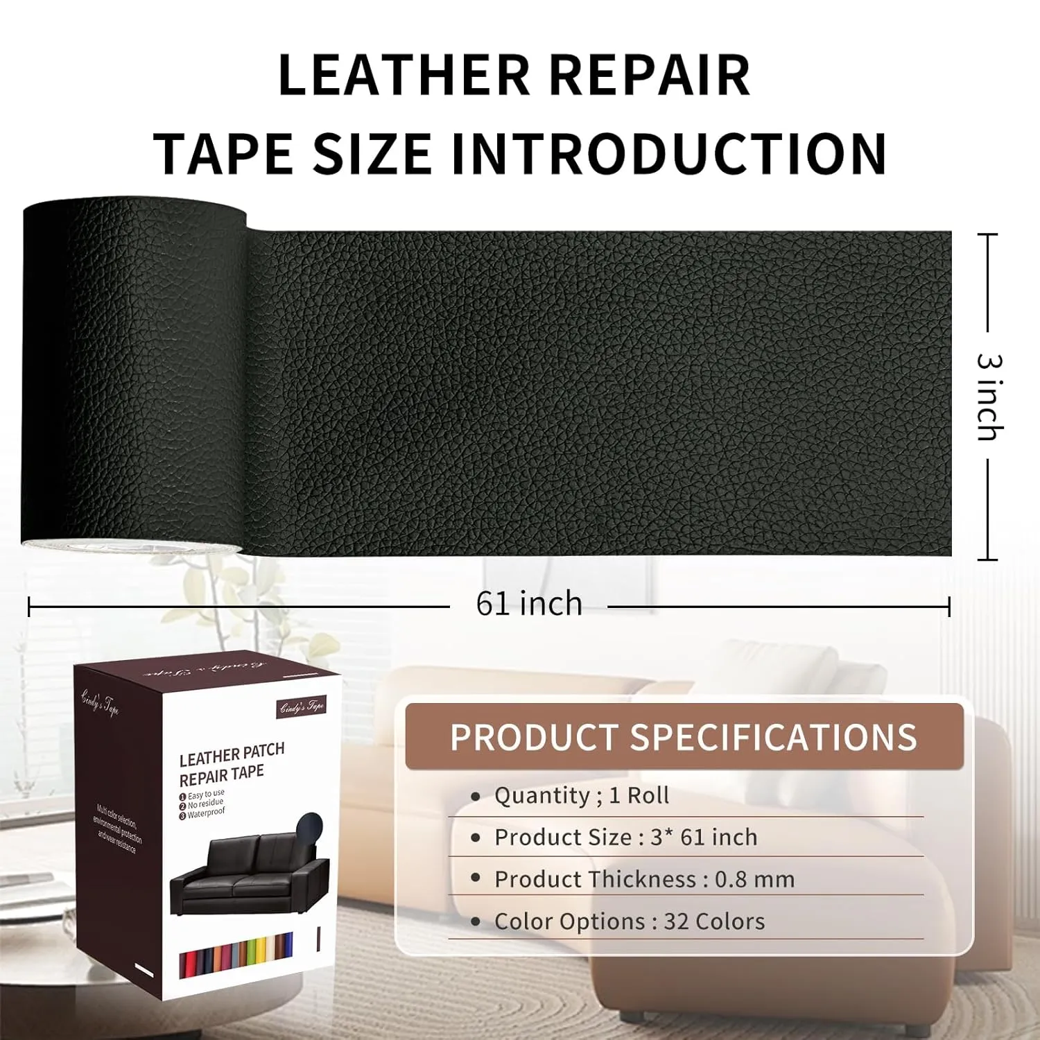 Leather Repair Patch Tape, Gloss Black 3 x 61 Inches Self Adhesive Leather Repair Kit for Furniture, Car Seat,Vinyl Leather Repair Kit for Office Chairs, Couch, Sofa, Luggage