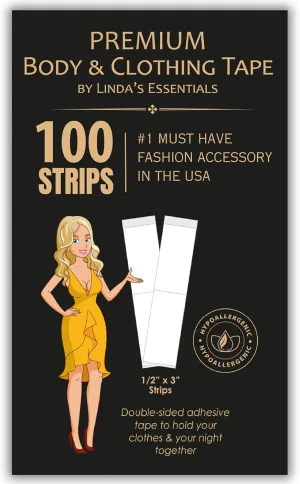 Linda's Essentials Double Sided Tape for Clothes, Body and Fashion (100 Pack) | Clothing and Hem Tape for Women, No Sew No Iron, Fabric Adhesive, Strong Clear Body Adhesive for Skin