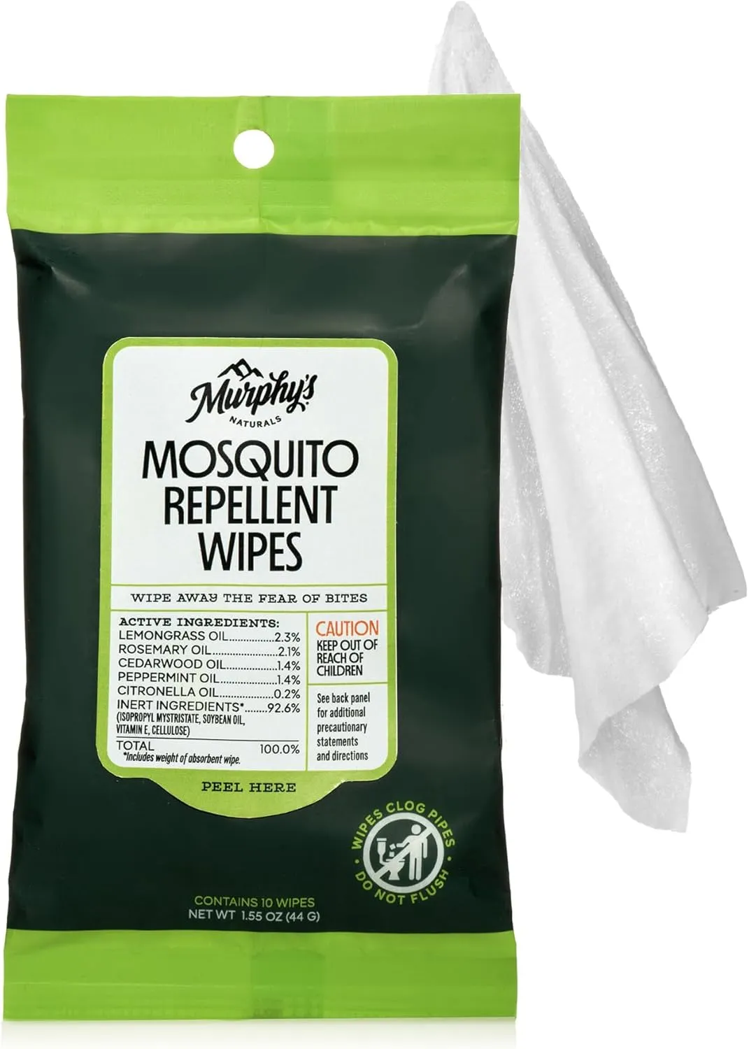 Murphys Naturals Mosquito Repellent Wipes, Plant-Based with Lemongrass & Rosemary Oil, Fast-Absorbing & Travel-Friendly, DEET-Free, 10 Wipes, 1-Pack