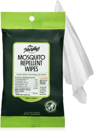 Murphys Naturals Mosquito Repellent Wipes, Plant-Based with Lemongrass & Rosemary Oil, Fast-Absorbing & Travel-Friendly, DEET-Free, 10 Wipes, 1-Pack