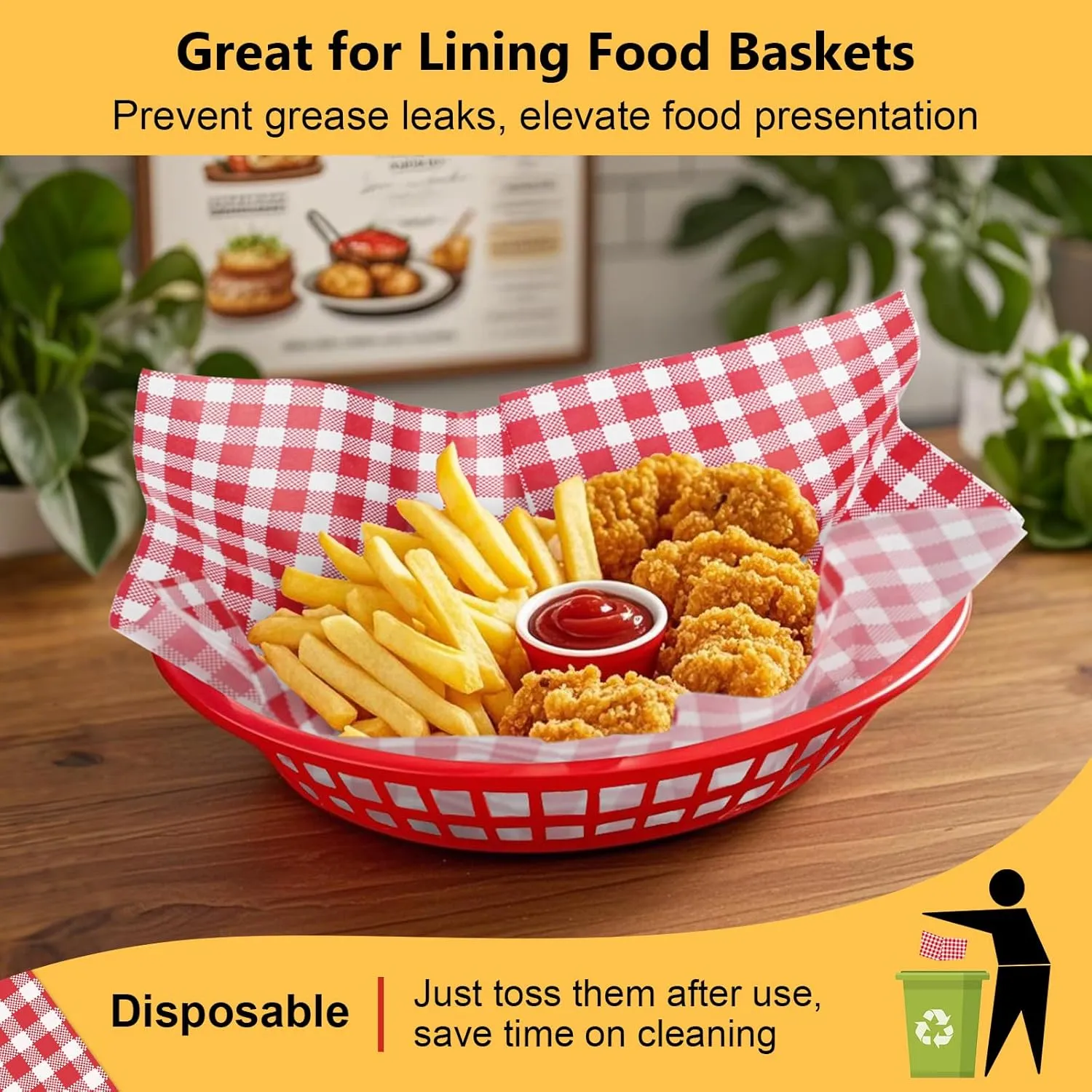 NATURALABEL 100 PCS Wax Paper, 12" x 12" Red and White Checkered Greaseproof Paper, for Basket Liners, Sandwich Wrapping, Deli Sheet for BBQ, Picnic, Party