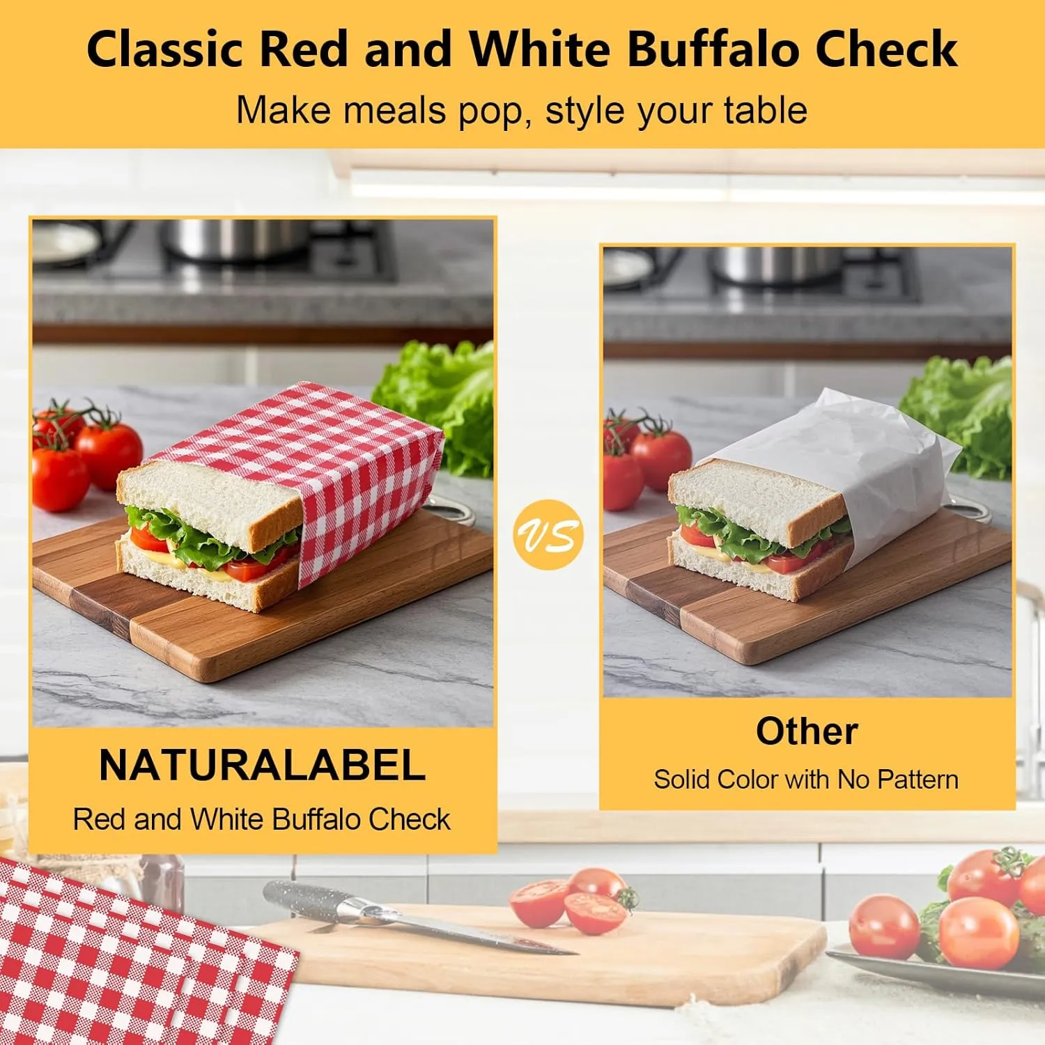 NATURALABEL 100 PCS Wax Paper, 12" x 12" Red and White Checkered Greaseproof Paper, for Basket Liners, Sandwich Wrapping, Deli Sheet for BBQ, Picnic, Party