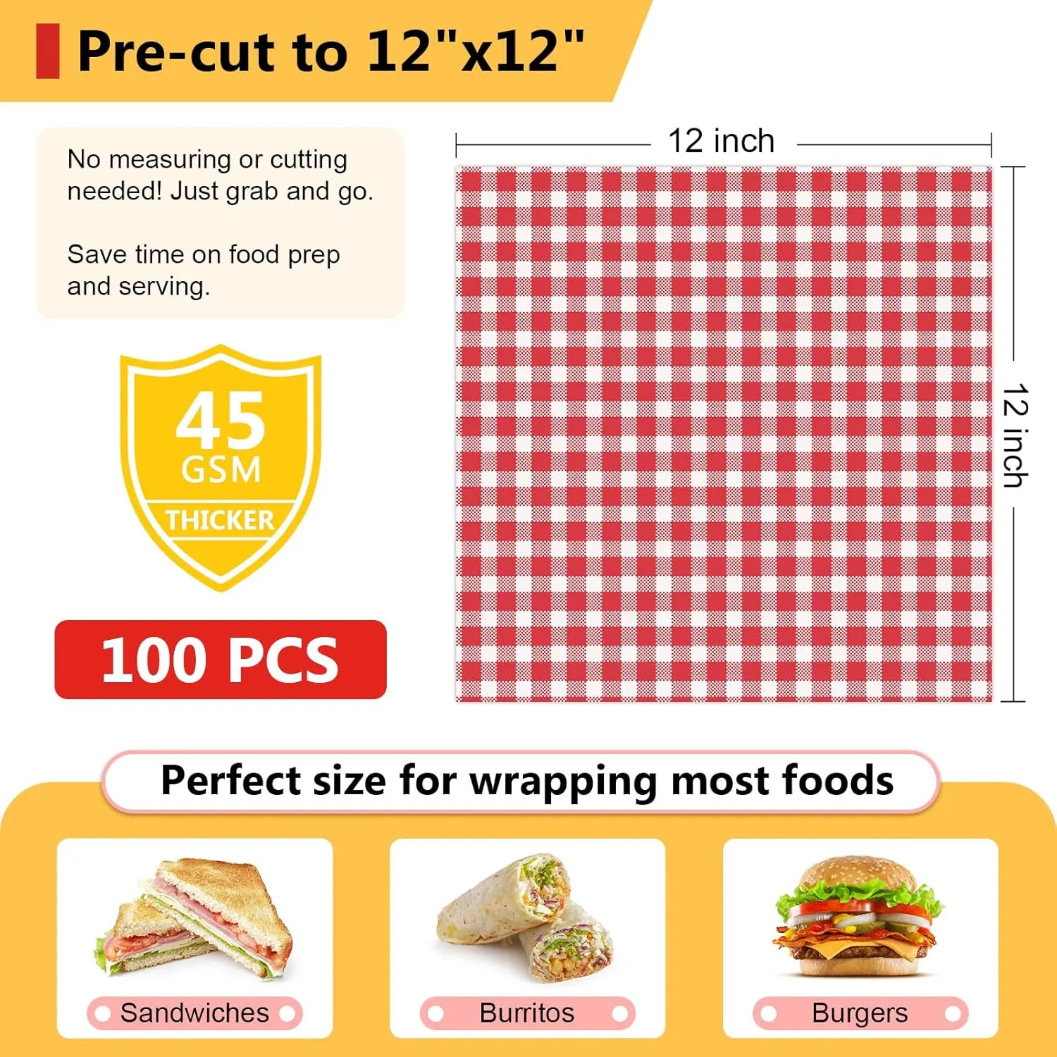 NATURALABEL 100 PCS Wax Paper, 12" x 12" Red and White Checkered Greaseproof Paper, for Basket Liners, Sandwich Wrapping, Deli Sheet for BBQ, Picnic, Party