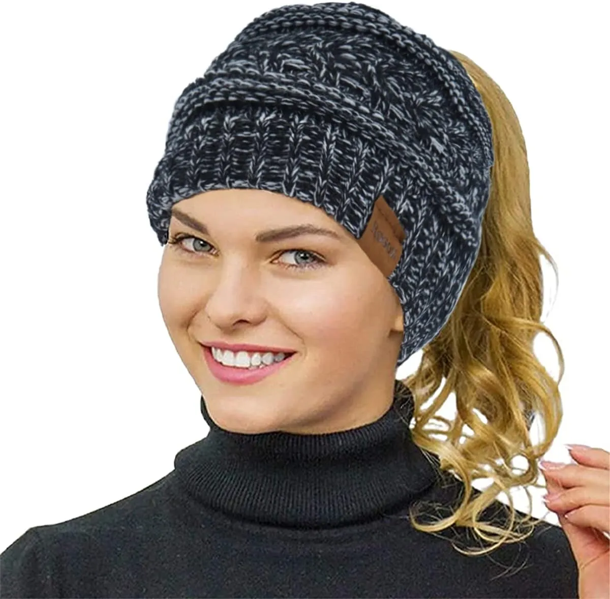 Rosoz 2 Pack Ponytail Beanie for Women,Winter Warm Beanie Tail Soft Stretch Cable Knit Messy High Bun Hat