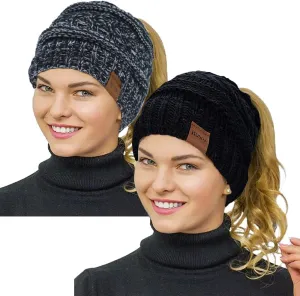 Rosoz 2 Pack Ponytail Beanie for Women,Winter Warm Beanie Tail Soft Stretch Cable Knit Messy High Bun Hat