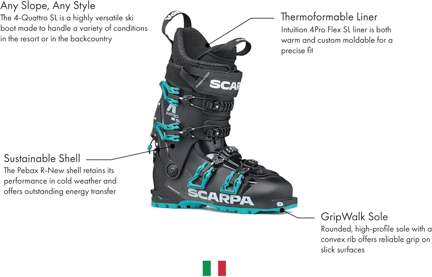 SCARPA Women's 4-Quattro SL 100 Flex Freeride Alpine Touring Ski Boots with GripWalk for Backcountry & Downhill Skiing
