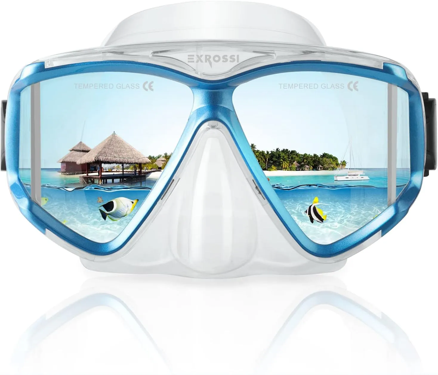 Scuba Diving Mask Panoramic 4 Lens, Tempered Glass Snorkeling Dive Mask with Nose Cover, Anti Fog Snorkel Goggles Gear, Adult Youth Swim Mask for Diving, Snorkeling, Swimming