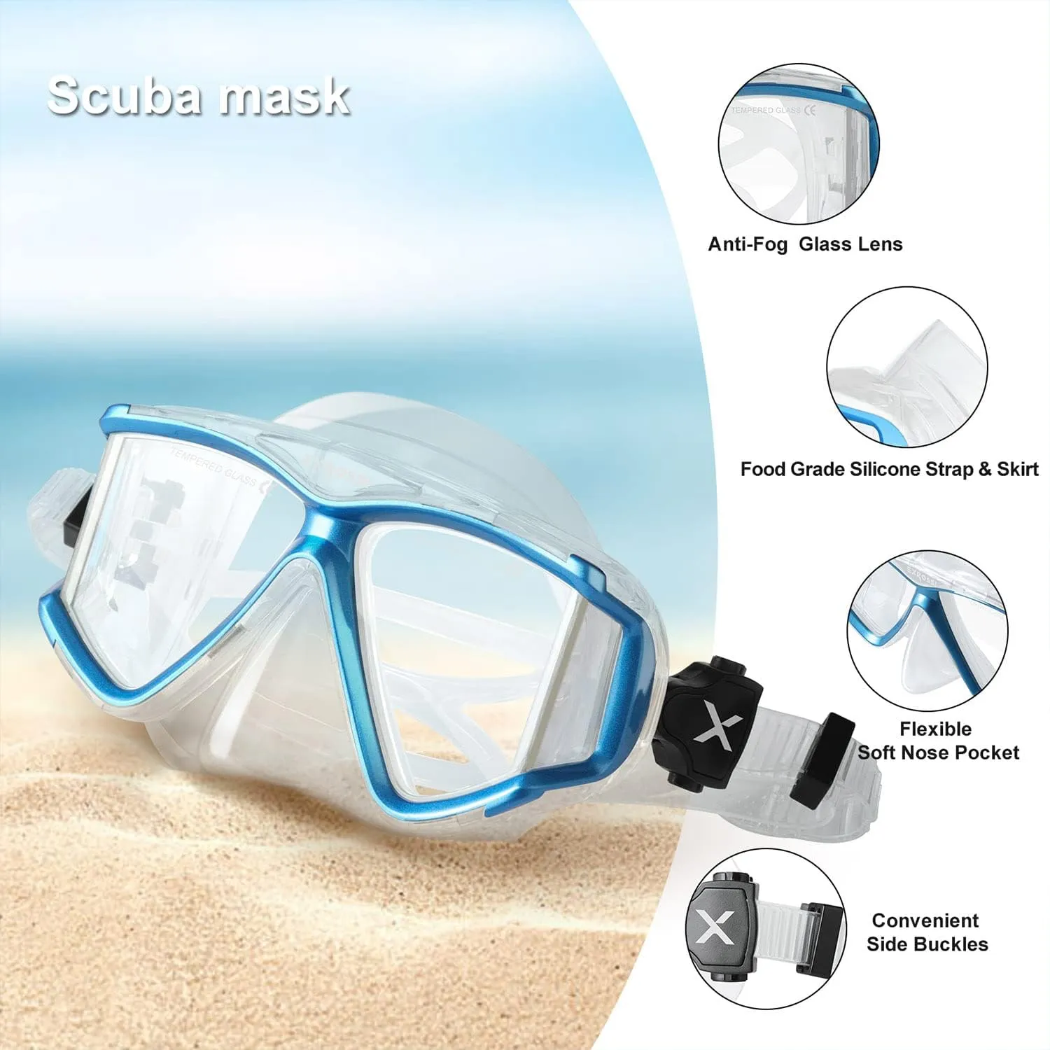 Scuba Diving Mask Panoramic 4 Lens, Tempered Glass Snorkeling Dive Mask with Nose Cover, Anti Fog Snorkel Goggles Gear, Adult Youth Swim Mask for Diving, Snorkeling, Swimming