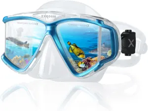 Scuba Diving Mask Panoramic 4 Lens, Tempered Glass Snorkeling Dive Mask with Nose Cover, Anti Fog Snorkel Goggles Gear, Adult Youth Swim Mask for Diving, Snorkeling, Swimming