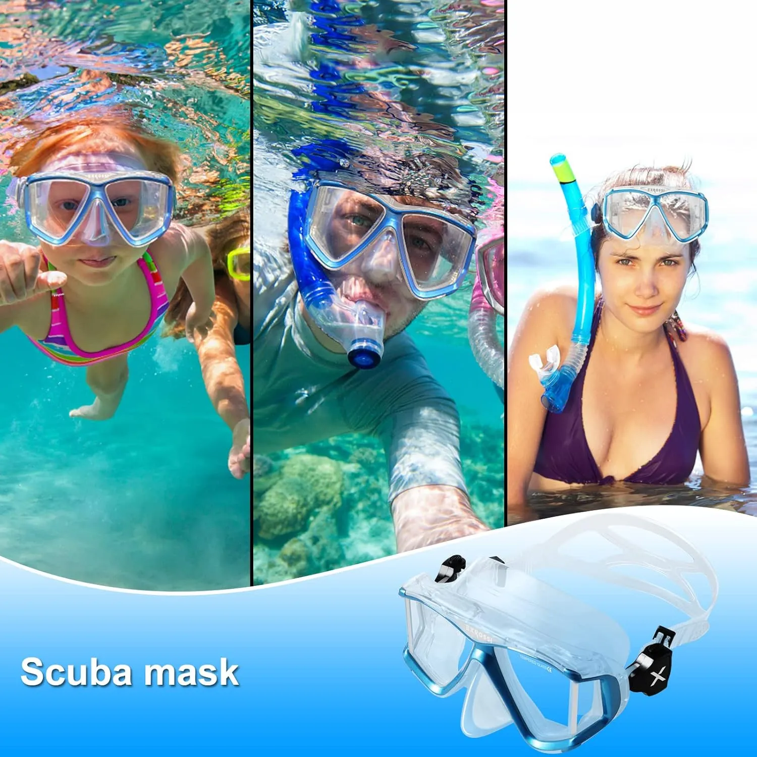 Scuba Diving Mask Panoramic 4 Lens, Tempered Glass Snorkeling Dive Mask with Nose Cover, Anti Fog Snorkel Goggles Gear, Adult Youth Swim Mask for Diving, Snorkeling, Swimming