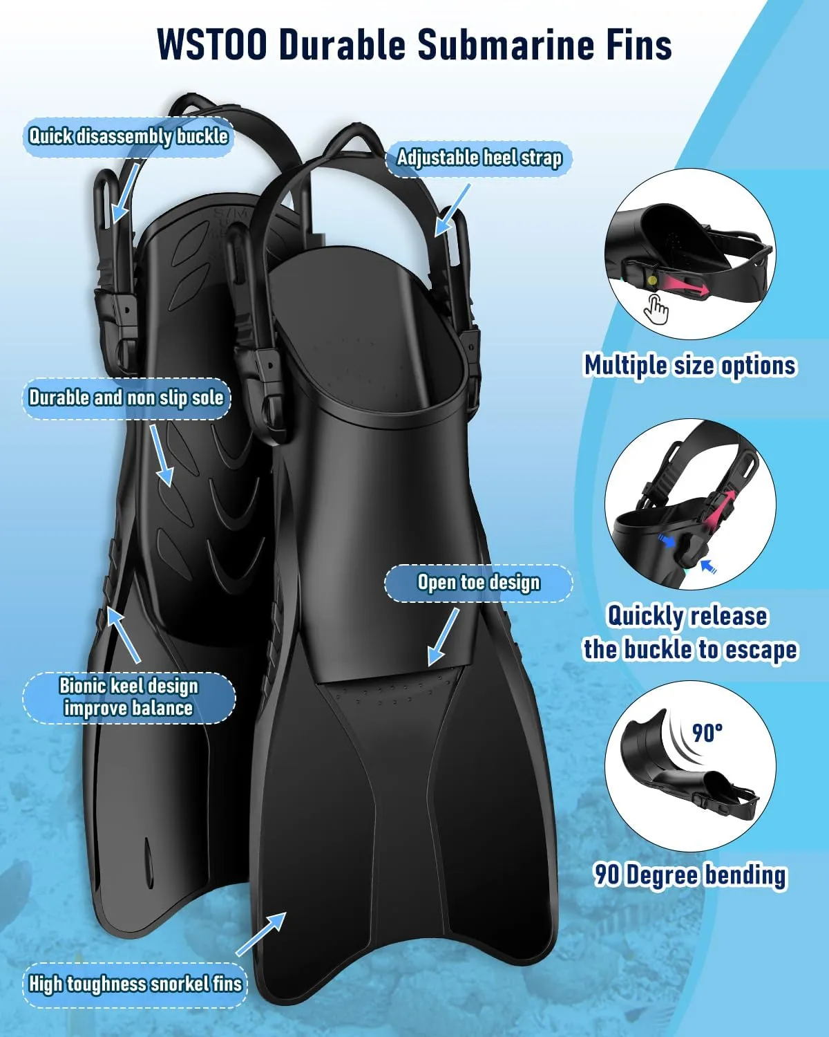 W WSTOO Mask Fins Snorkel Set,Snorkeling Gear for Adults,Full Face Snorkel Mask & Adjustable Swim Fins,Dry Top System Anti-Fog Anti-Leak