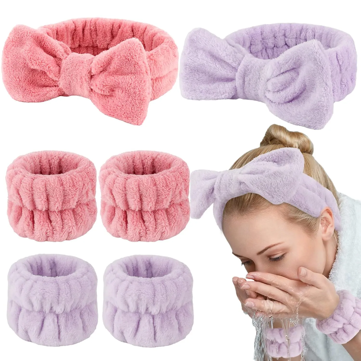 WHAVEL 6PCS Spa Headband and Wristbands Set, Face Wash Headband Wrist Bands for Washing Face Makeup Skincare Hair Band Skin Care Accessories Tools