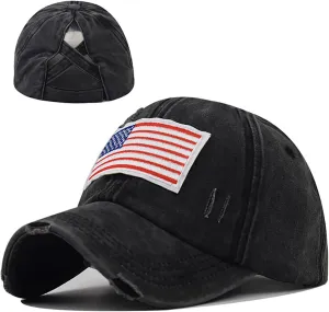 Women Distressed Ponytail Baseball Caps Adjustable Criss Cross Ponytail Hats High Messy Bun Ponycap Trucker Hat