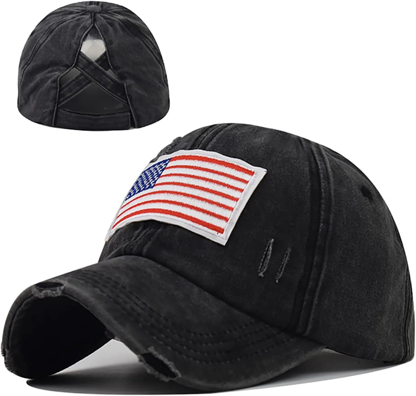 Women Distressed Ponytail Baseball Caps Adjustable Criss Cross Ponytail Hats High Messy Bun Ponycap Trucker Hat