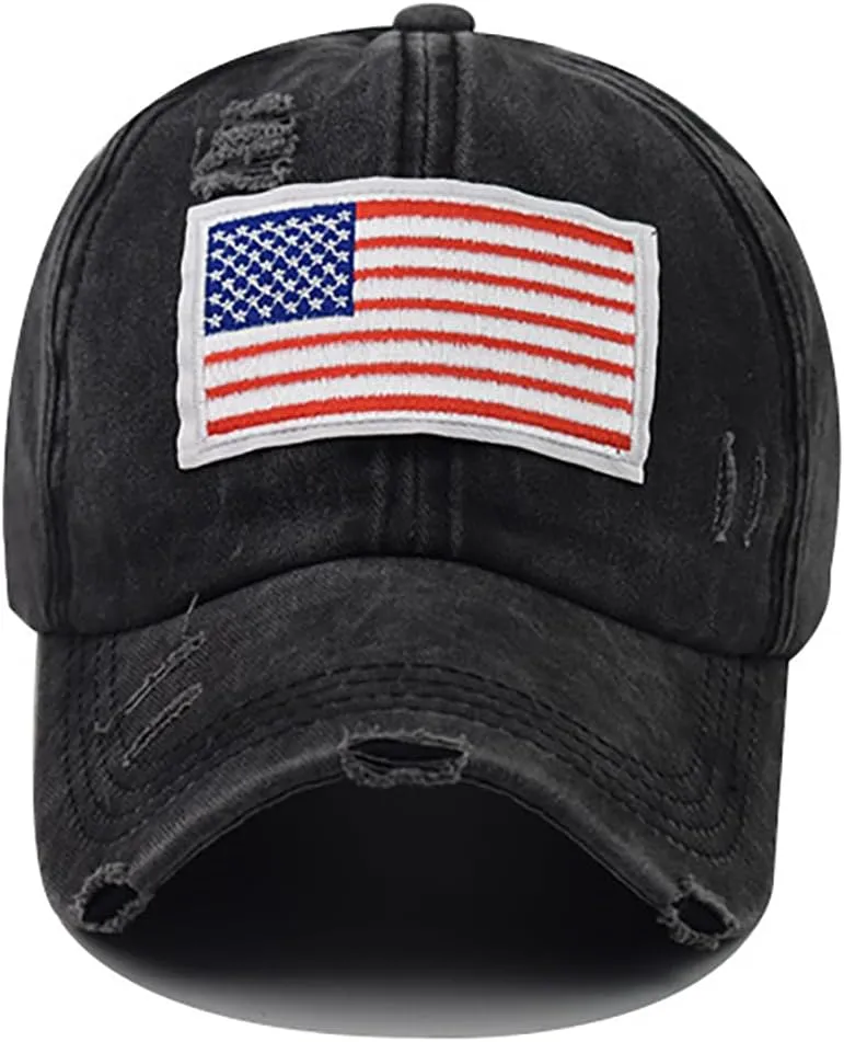 Women Distressed Ponytail Baseball Caps Adjustable Criss Cross Ponytail Hats High Messy Bun Ponycap Trucker Hat