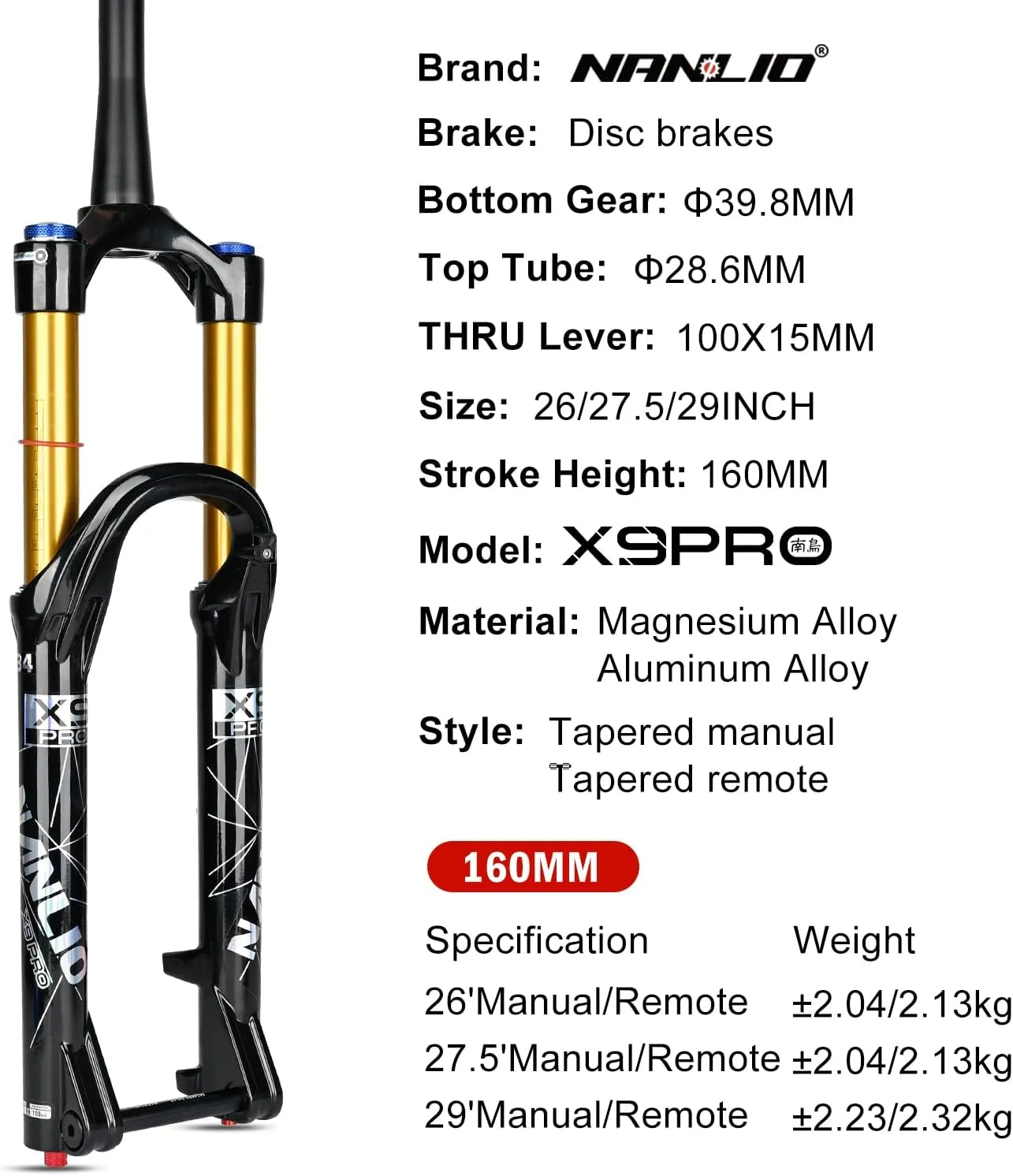 X9 Pro Mountain Bike Suspension Bicycle Front Fork - Adjustable Damping Rebound, 140/160MM Travel, Fits 26/27.5/29 Inches