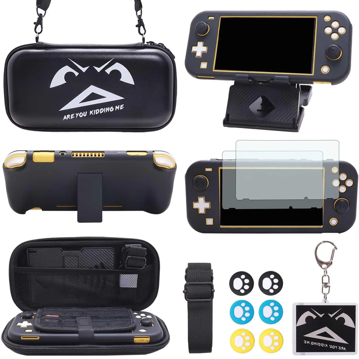 YOOWA Accessories Kit for Nintendo Switch Lite - Cute Accessories Bundle with Carrying Case, Kawaii Cover case, 2-Pack Screen Protector, Adjustable Play Stand, 6 Thumb Grips - Black